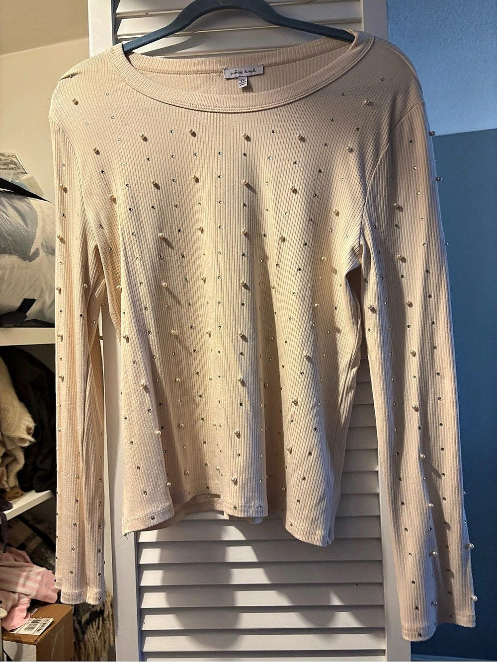 White Birch Embellished Ribbed Long Sleeve in Beige Size Medium